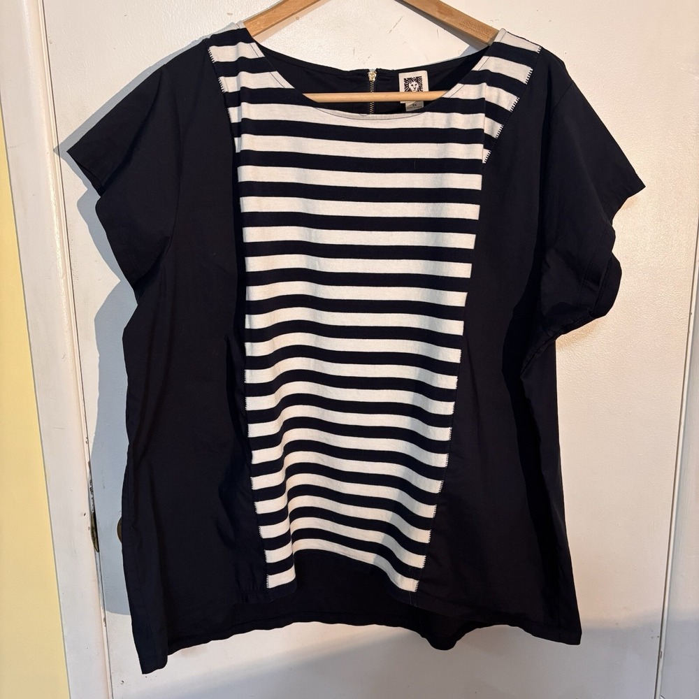 Anne Klein Womens Blouse 3XL Cap Sleeve Round Neck Blue/Stripes High-low